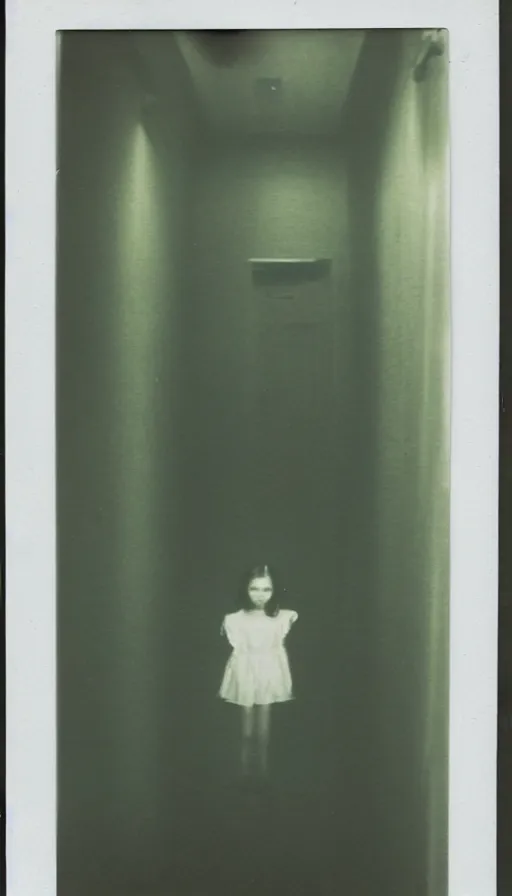 Image similar to found polaroid photo of a young girl floating in a dark hallway, possessed