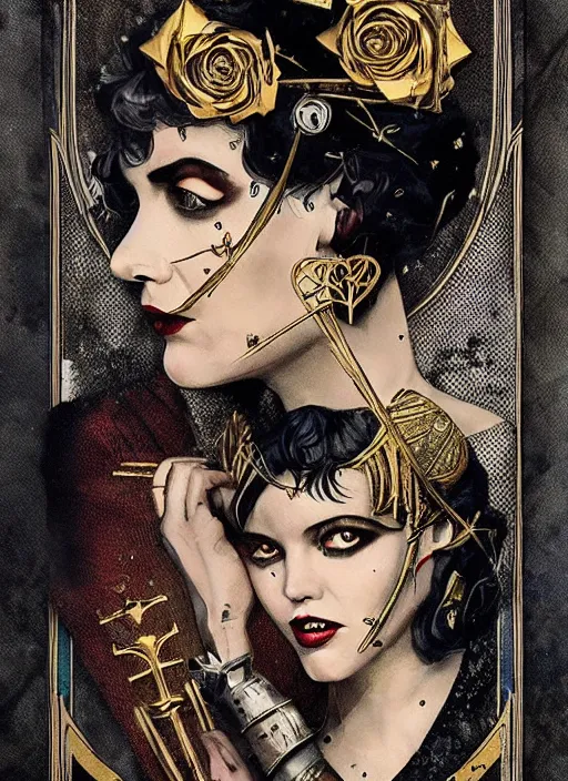 Image similar to tarot card :: horror :: vampires and draculas :: like the great gatsby :: hearts and roses :: gold and silver :: guns and swords :: side profile :: highly details :: intricate details :: Sandra Chevrier and bastien lecouffe deharme