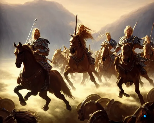 Image similar to king theoden charging the battlefield on horseback with an army of horses behind him, deep focus, d & d, fantasy, intricate, elegant, highly detailed, digital painting, artstation, concept art, matte, sharp focus, illustration, hearthstone, art by artgerm and greg rutkowski and alphonse mucha