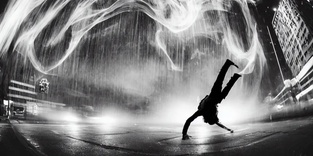 Prompt: fisheye lens trail effect of futuristic break dancer wearing floating very long dress, long exposure shot , at night in the middle of a rainy street with rim lights, paddle of water with steam and fog with water splashes, glossy reflections, water droplets on lens, tongue of fire, detailed and soft, fisheye lens, smooth, sharp focus