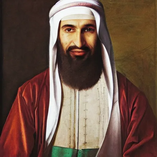 Image similar to renaissance oil portrait of a sheikh, wearing expensive clothes, by Arthur Adams, Diego Gisbert Llorens