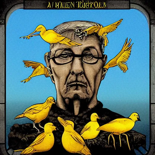 Image similar to an old man with 7 yellow birds as a rock album cover art, medieval fantasy game