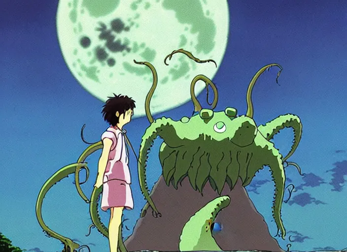 Image similar to a still from a studio ghibli movie of a cartoon cthulhu from princess mononoke ( 1 9 9 7 ), in front of a pale full moon, full body, wide shot, very dull muted colors, studio ghibli, highly detailed, deviantart, art by artgem