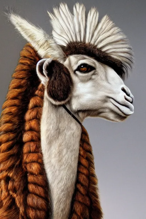 Image similar to hyperrealism close-up portrait llama in War bonnet in style of da Vinci