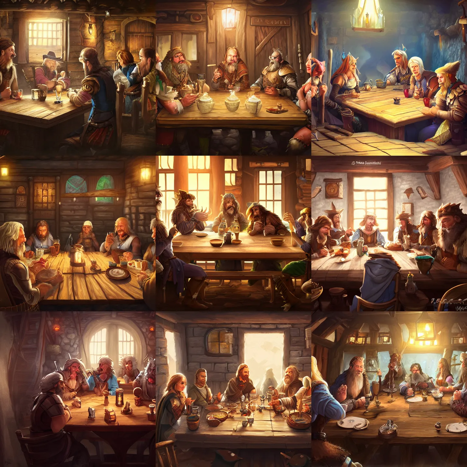 Prompt: 5 people sitting at a table and talking inside a tavern, fantasy art, cozy, dnd, digital art, realistic, 4 k