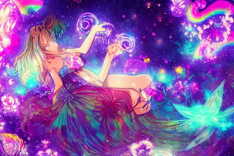 Prompt: psychedelic, full body, whimsical, anime, 4k, beautiful intimate woman blowing smoke, with professional makeup, long trippy hair, a crystal and flower dress, sitting in a reflective pool, surrounded by gems, underneath the stars, rainbow fireflies, trending on patreon, deviantart, twitter, artstation, volumetric lighting, heavy contrast, art style of Ross Tran and Viktoria Gavrilenko and Ilya Kuvshinov