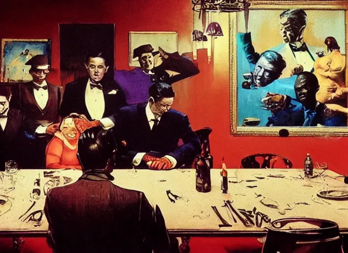 Image similar to a still from the movie godfather by of francis bacon and norman rockwell and james jean, a still from avenger : endgame, mark brooks, triadic color scheme, by greg rutkowski, syd mead and edward hopper and norman rockwell and beksinski, dark surrealism, orange and turquoise and purple