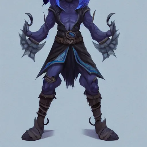 Prompt: D&D character concept art of a tiefling, tiefling rogue, blue skin color with short horns and a devil tail, casual pose of a Rogue holding daggers, full body pose, soft colors, fantasy, intricate, elegant, highly detailed, digital painting, artstation, concept art, smooth, sharp focus, illustration