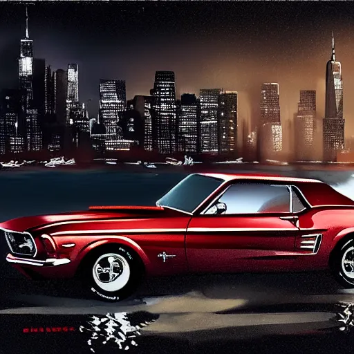 Prompt: 1 9 6 8 ford mustang at night view of new york in heavy mist, highly detailed, artstation, concept art