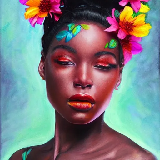 Image similar to super realistic painting of a black woman combined with flowers, colorful, highly detailed, 4k, trending on artstation