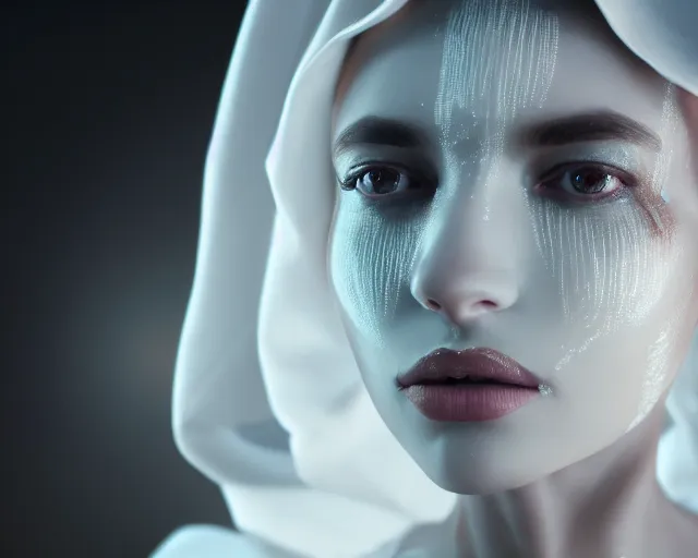 Image similar to a film still of a synthetic female human wrapped in white cloth, beautiful, tribal facepaint, cinematic lighting, high resolution, 4 k