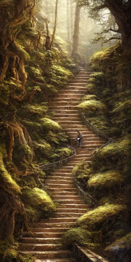 Image similar to a man walking up a steep and winding staircase, in beautiful woods, intricate, elegant, highly detailed, oil painting, artstation, concept art, sharp focus, beautiful illustration, society, by justin gerard and artgerm, 4 k