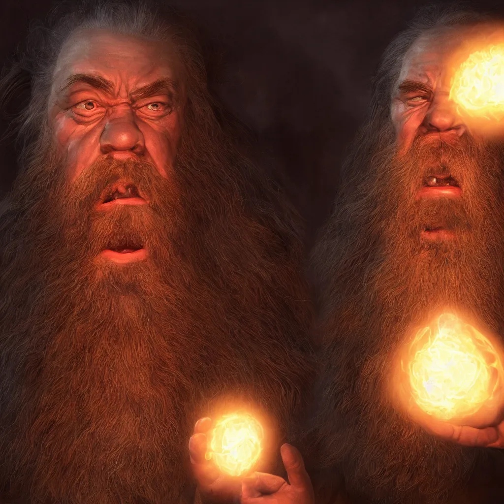 Image similar to Photorealistic cinematic close-up portrait of one angry dwarf wizard casting a fireball spell, by Larry Elmore and Steven Belledin . Magical occult photorealism, UHD, amazing depth, glowing, golden ratio, 3D octane cycle unreal engine 5, volumetric lighting, cinematic lighting, cgstation artstation concept art