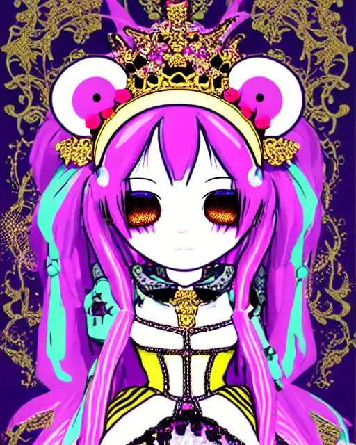 Prompt: baroque bedazzled gothic royalty frames surrounding a pixelsort emo demonic horrorcore japanese beautiful jester decora moe doll, low quality sharpened graphics, remastered chromatic aberration, detailed maximalist sanrio art