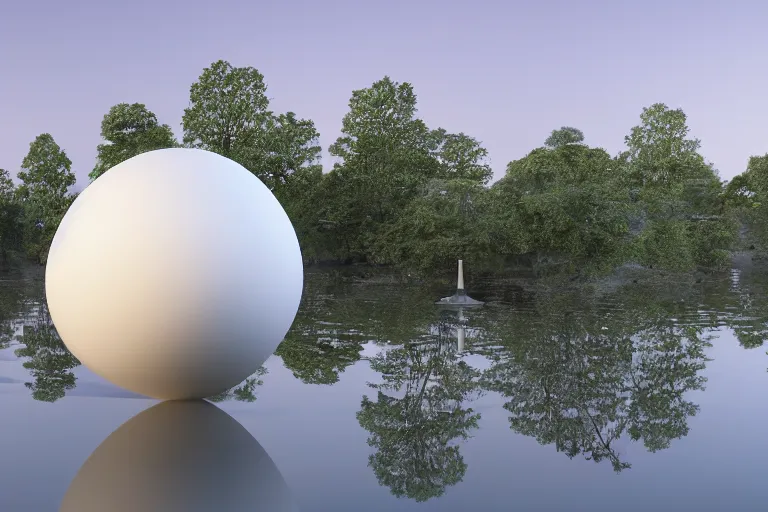 Image similar to many white egg shaped spherical spaces ， intersect and bite to form a modern science fiction building ， by pierre bernard, on the calm lake, people's perspective, future, interior wood, marble, award winning, highly detailed 4 k art, dusk, unreal engine highly rendered, global illumination, radial light, internal environment