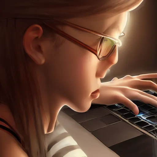 Prompt: realistic teenager using laptop in super tech room, artstation trends, concept art, highly detailed, intricate, sharp focus, digital art, 8 k