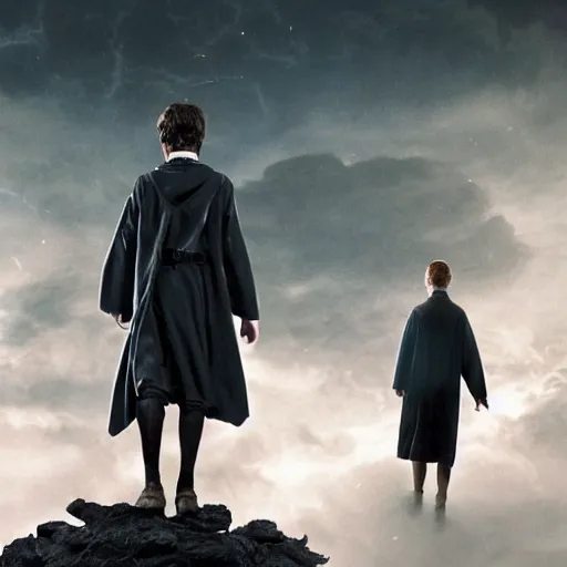 Prompt: Harry potter standing and casting a short wand, back view, thunderclouds, cinematic shot, wide shot, epic scale, waving robe movement, photorealistic detail and quality, intricate ground stone, magical sigils, floating particle effects, movie still, nighttime, crescent moon, sharp and clear, action shot, intense scene, visually coherent, symmetry, rule of thirds, movement, photorealistic colors, cool colors transitioning to warm colors, modest tone, award winning, directed by Steven Spielberg, Christopher Nolan, Tooth Wu, Asher Duran