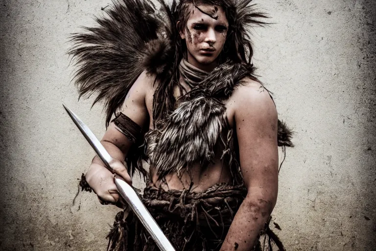 Prompt: character and environment photography, portrait shamanistic infested 2 0 - year - old male barbarian on battlefield, messy hair, old tattered armor, medium shot, wide angle, 2 0 0 px, full front, natural light