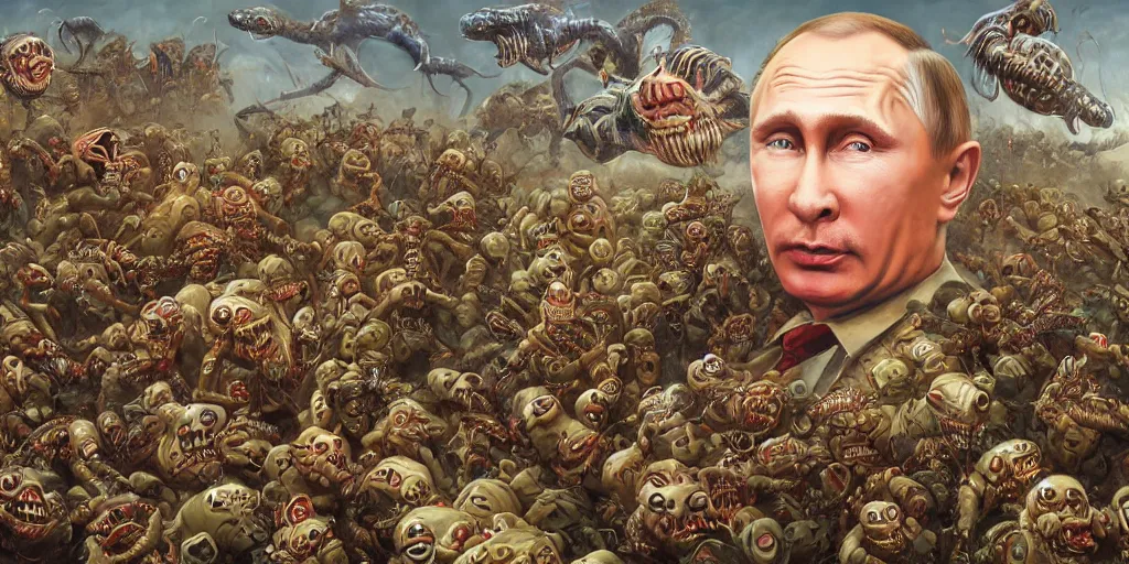 Image similar to portrait of vladimir putin's face eating worms, on background army of zobies, by ralph horsley, photorealistic, hyperdetailed