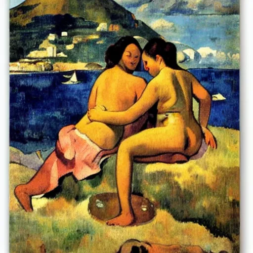 Image similar to Young ladies bathing close to Naples Vesuvio as Paul Gauguin style