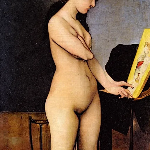 Image similar to shameless and ashamed. painting by diego velazquez and milo manara