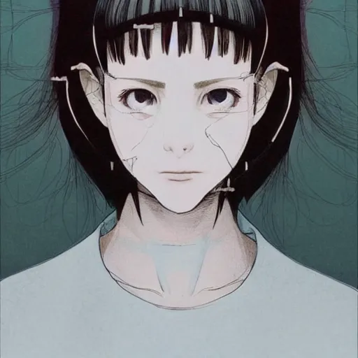 Image similar to beautiful pure evil teenager lain, cute haircut, with hundreds of network cables, neatly coming out of her head, a part of her face panel is showing, she is in pure bliss, chaos, bizarre, strange, portrait, painting, soft and intricate, fine lines