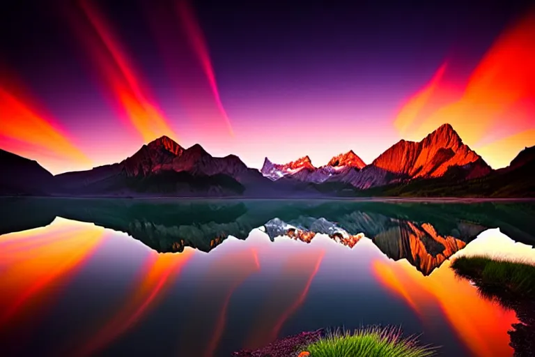 Image similar to amazing landscape photo of mountains with lake in sunset by marc adamus beautiful dramatic lighting