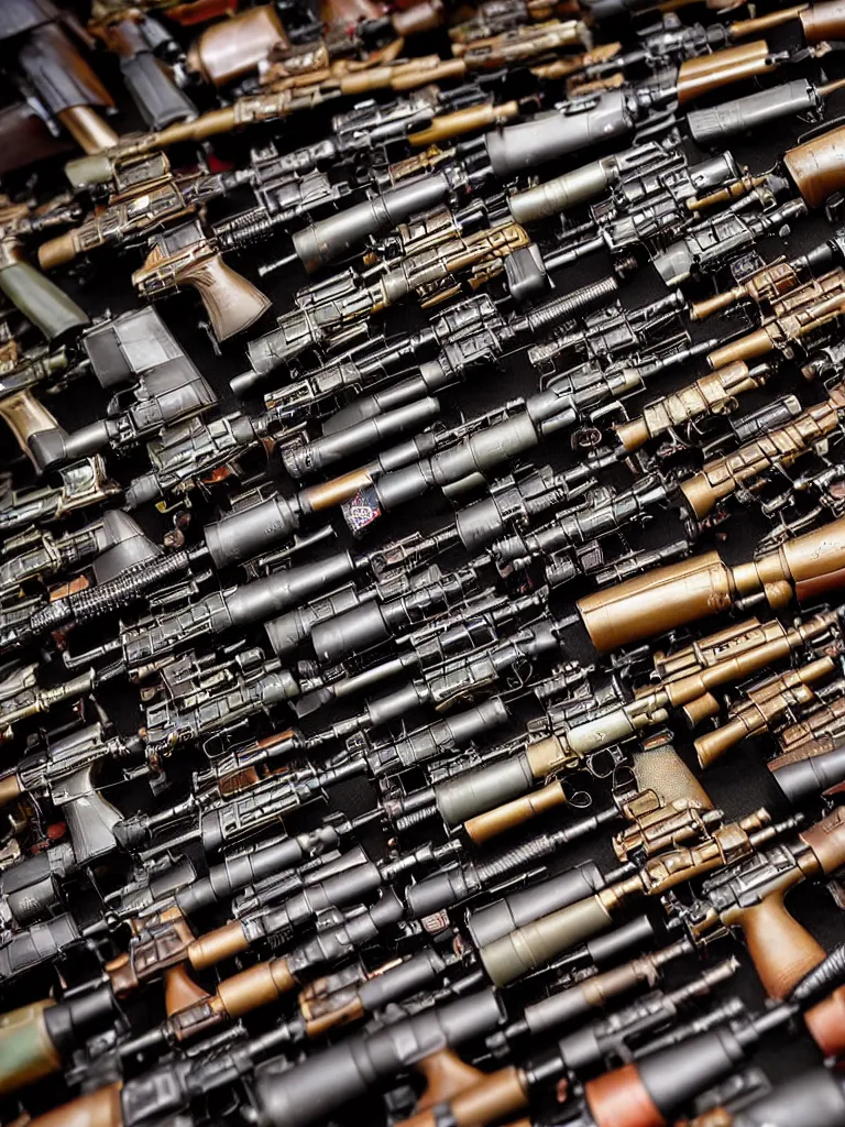 Prompt: close up of kaleidoscope of machine guns, shotguns, rifles, revolvers, bullets, ultra-realistic, intricate details photograph