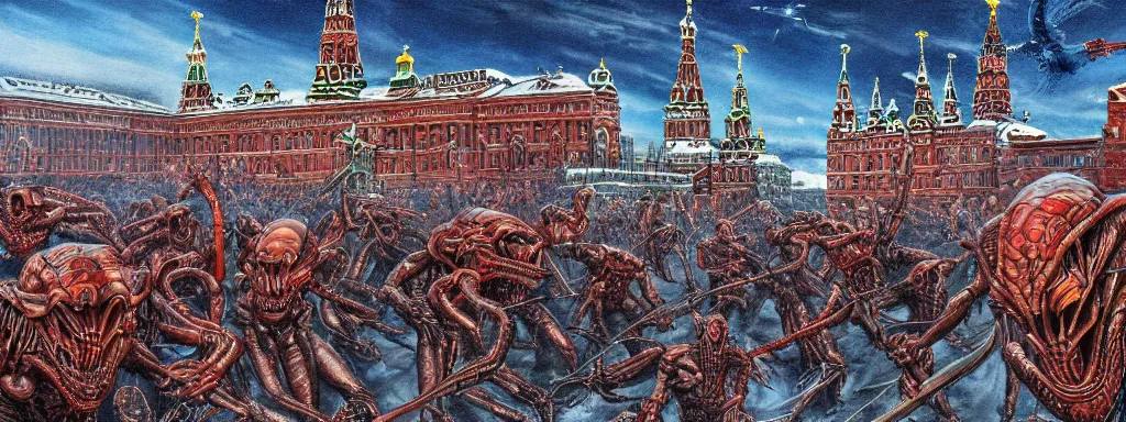 Prompt: alien predator attacks moscow red square. extreme long shot. art by Leonardo da Vinchi. extremely high detail