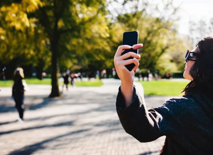 Image similar to photo still of a bronze statue of a woman using an iphone to take a selfie in a park on a bright sunny day, 8 k 8 5 mm f 1 6