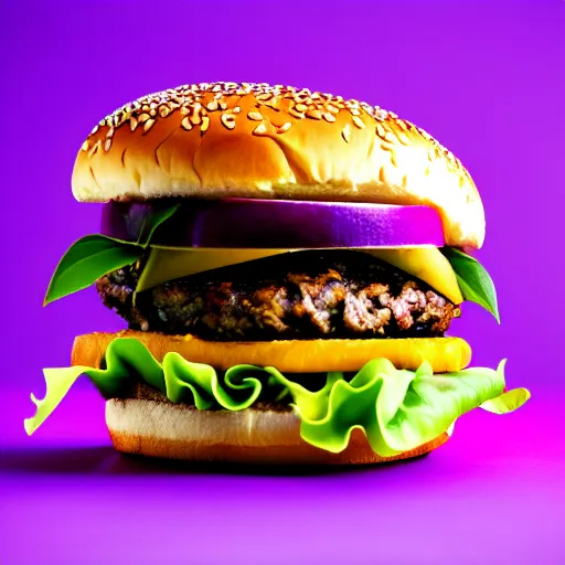 Prompt: a stock photo of a banana burger on a purple background, product photography, f 2. 4, bokeh effect, award winning