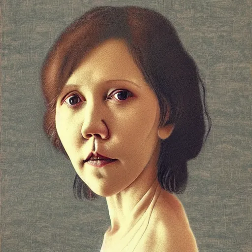 Prompt: “ maggie gyllenhaal portrait by ikenaga yasunari and ayana otake and ko rakusui, 6 0 s poster, drawing, realistic, sharp focus, japanese, dreamy, nostalgia, faded, golden hues, floral clothes, porcelain skin ”