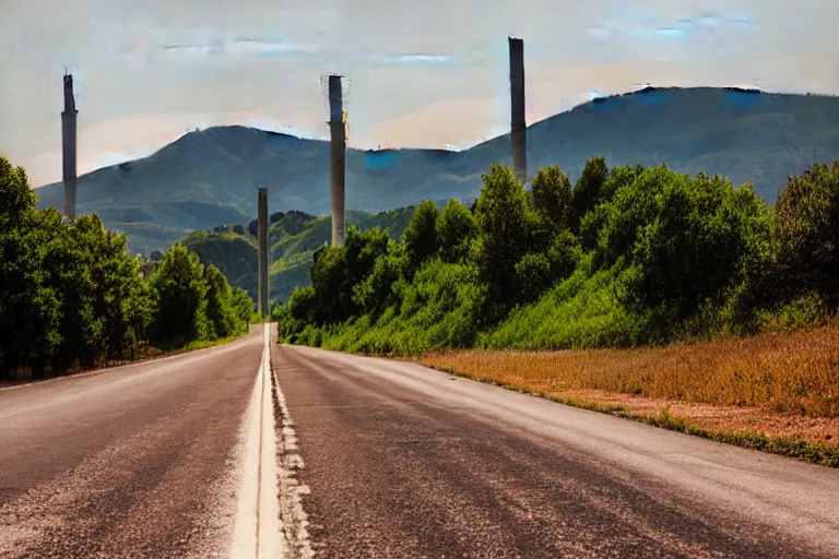 Image similar to looking down road of warehouses. hills background with radio tower on top. telephoto lens compression.