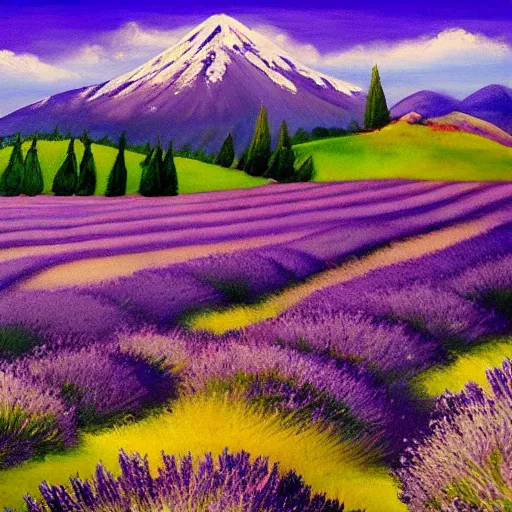 Prompt: A field of lavender with a mountain in the background, serene, beautiful, nature, landscape, peaceful, oil painting, details, sharp focus, By Alyn Spiller, David Villegas, and Barret Frymire