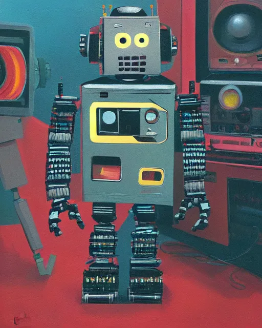 Image similar to a robot made of 8 0 s era technology, vintage shapes, retro technology, vintage color, wayne barlow, oil on canvas, deep depth of field, masterpiece, cinematic composition, hyperdetailed