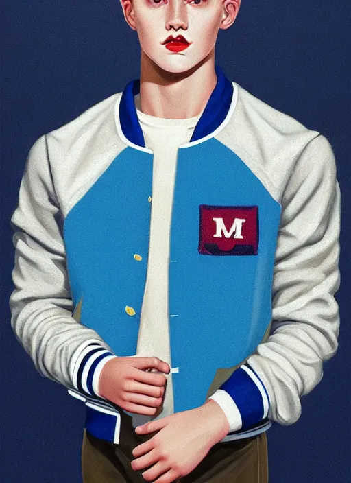 Image similar to portrait of a high school senior boy named moose mason, blonde short hair, jock, beefy, square jaw, square facial structure, 1 9 5 0 s, blue varsity jacket, intricate, elegant, glowing lights, highly detailed, digital painting, artstation, concept art, smooth, sharp focus, illustration, art by wlop, mars ravelo and greg rutkowski