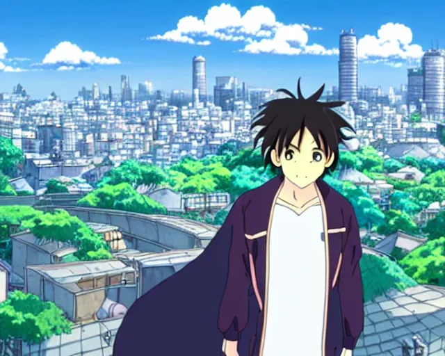 Prompt: Handsome anime man with big pregnant belly, city in the background, highly detailed, anime by Studio Ghibli, sharp