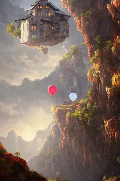 Image similar to a house floating with balloons, near the mountains and below is a deep canyon, dream core art, dynamic lighting, fantasy concept art, trending on art station, stunning visuals, creative, cinematic, ultra detailed