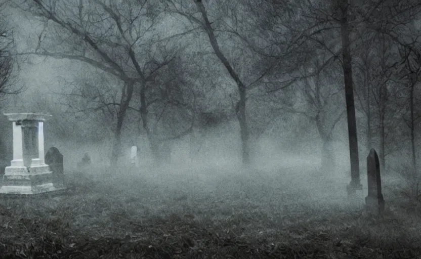 Image similar to a ghost walking though an old cemetary. haunted. night, rain, mist. hyper detailed. movie screencap