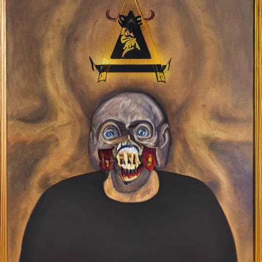 Image similar to portre of an autistic demon on acid, masonic and kabalistic symbols in background, oil painting