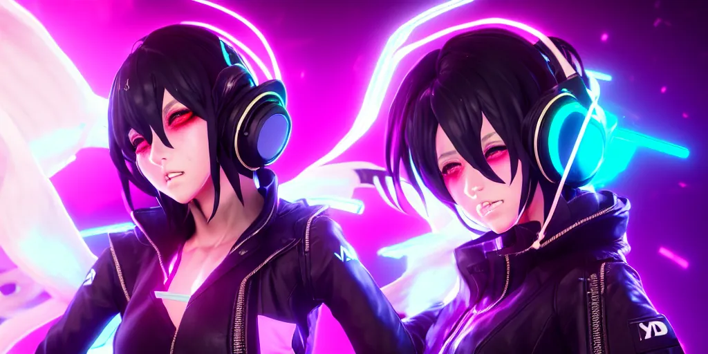 Image similar to KDA akali singing facing the camera centered with headphones on in the style of a code vein character, momo from twice in code vein in the style of WLOP, artgerm, yasutomo oka, rendered in unreal engine and redshift octane , background is surrounded by epic neon glitch effect digital art dynamic dramatic lighting, soft lighting, imagine fx, artstation, cgsociety, by Bandai Namco artist,