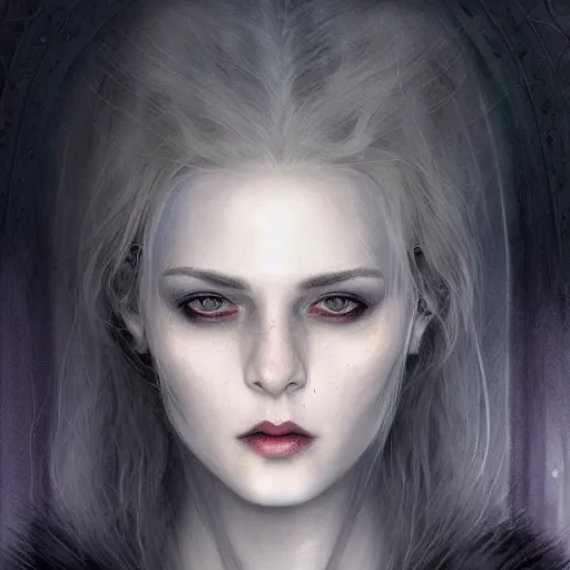 Prompt: a vampire priest character portrait, lean face, cinematic lighting, glowing grey eyes, hyper-detailed, 4k, high resolution, in the style of Charlie Bowater, Tom Bagshaw, single face, symmetrical, headshot photograph, insanely detailed and intricate, beautiful, elegant, watercolor, cinematic, portrait, Raphaelite, headroom, Pierre-Auguste Renoir