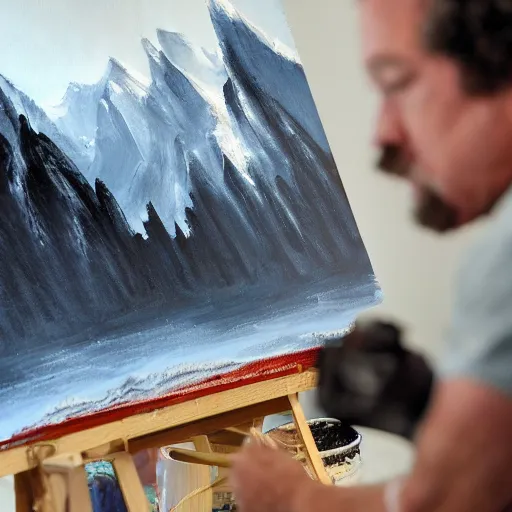 Image similar to a closeup photorealistic photograph of bob ross working on a canvas painting of darth vader. film still. brightly lit scene. mountains and trees. this 4 k hd image is trending on artstation, featured on behance, well - rendered, extra crisp, features intricate detail, epic composition and the style of unreal engine.