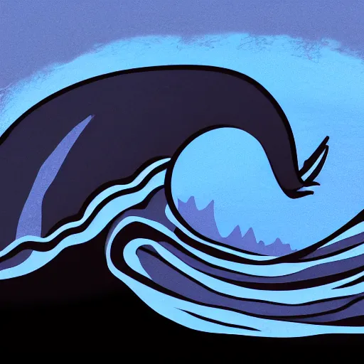 Image similar to a blue water wave in the silhouette shape of Godzilla, cartoon drawing