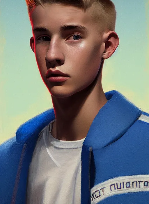 Image similar to portrait of a teenage boy named moose mason, blonde short hair, jock, beefy, square jaw, square facial structure, 1 9 5 0 s, blue varsity jacket, intricate, elegant, glowing lights, highly detailed, digital painting, artstation, concept art, smooth, sharp focus, illustration, art by wlop, mars ravelo and greg rutkowski