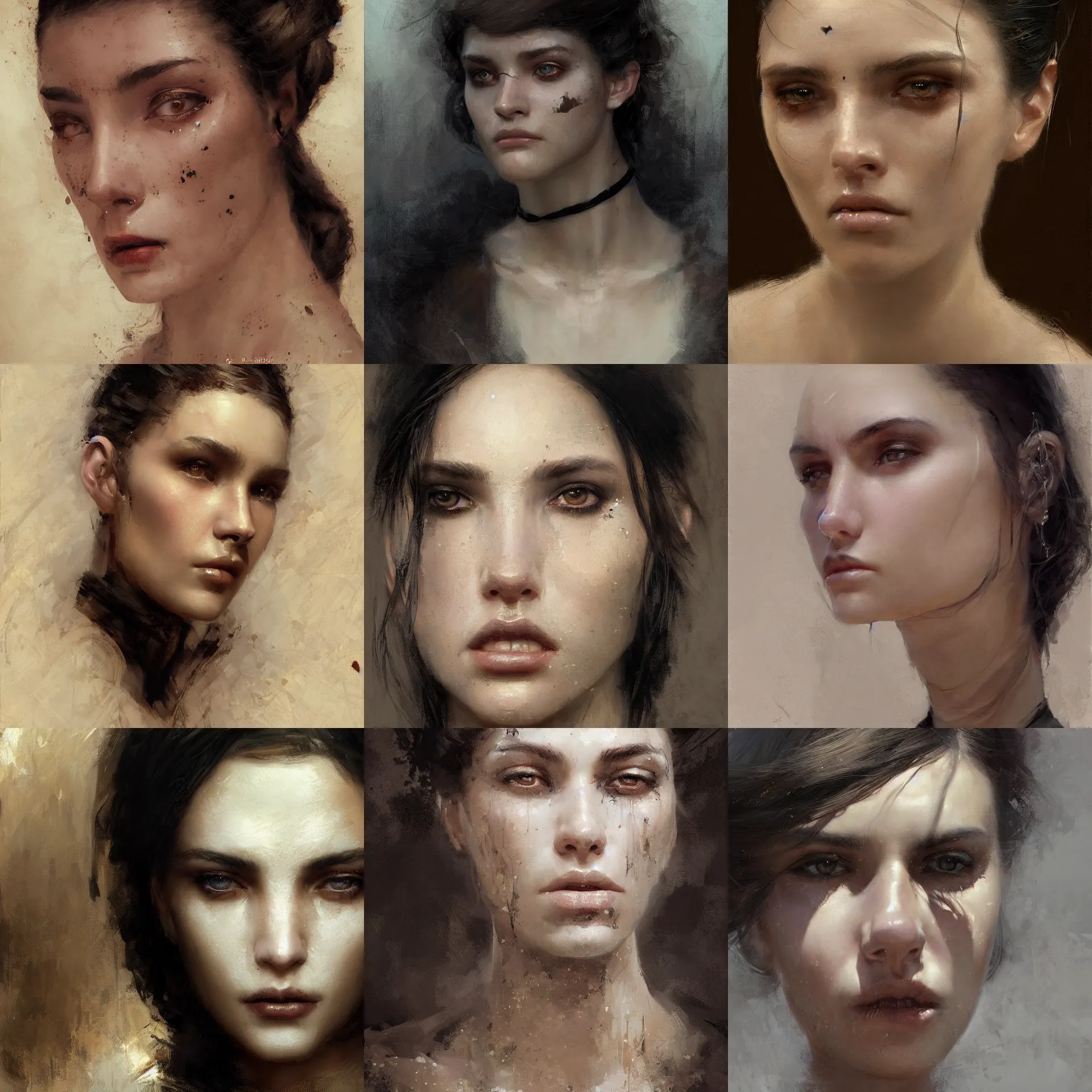 Prompt: digital art painting of a 2 0 years old white skin young latino woman, black braid hairstyle, defined jaw, brown eyes painted by craig mullins and gaston bussiere and greg rutkowski, symmetrical facial features, symmetrical face, defined facial features, dramatic lighting, close up