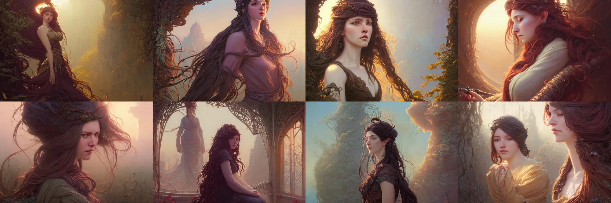 Image similar to highly detailed portrait of a woman with long hairs, stephen bliss, unreal engine, fantasy art by greg rutkowski, art nouveau, loish, rhads, ferdinand knab, makoto shinkai and lois van baarle, ilya kuvshinov, rossdraws, tom bagshaw, alphonse mucha, global illumination, radiant light, detailed and intricate environment