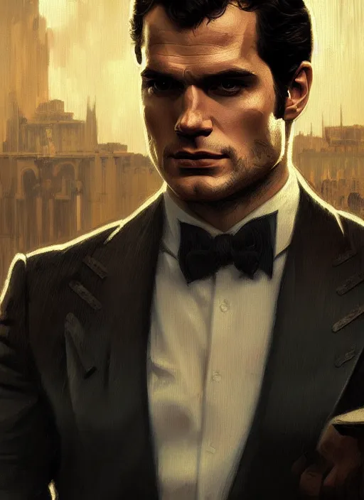 Image similar to portrait of henry cavill as james bond, casino, highly detailed, digital painting, artstation, concept art, cinematic lighting, sharp focus, illustration, by gaston bussiere alphonse mucha