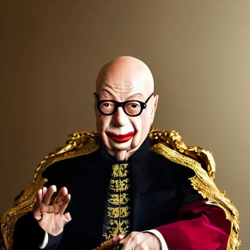 Image similar to UHD candid color photo of Klaus Schwab dressed as emperor, wearing accurate clown makeup, accurate face, UHD, photorealistic, correct face, photo by Annie Leibowitz