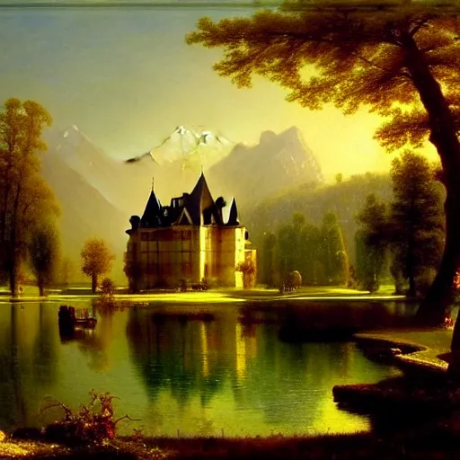 Image similar to beautiful illustration of chateau in a serene landscape, by albert bierstadt, magic realism, narrative realism, beautiful matte painting, heavenly lighting, retrowave, 4 k hd wallpaper